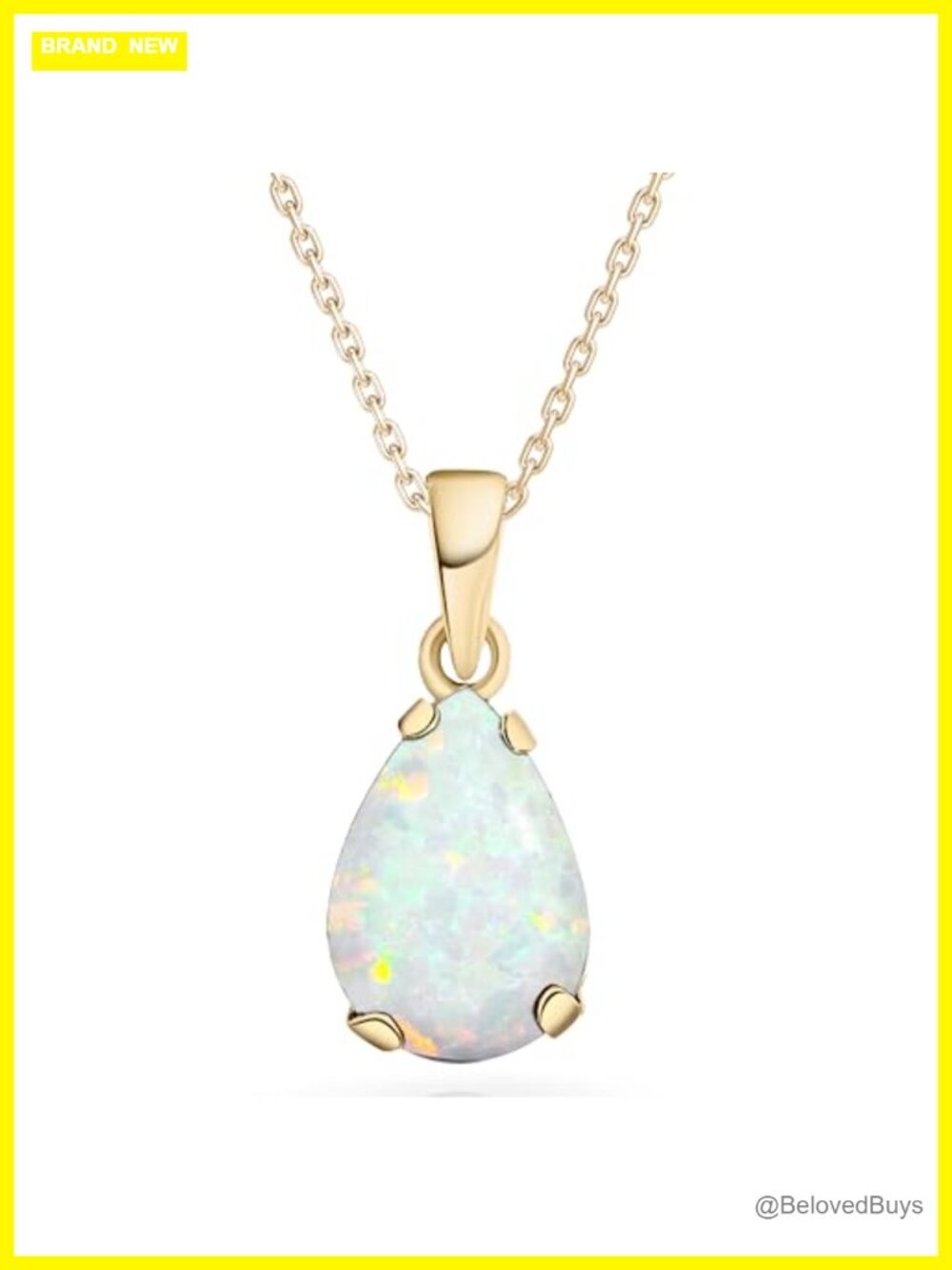 Solid 14K Gold White Opal Teardrop Pendant Necklace October Birthstone
